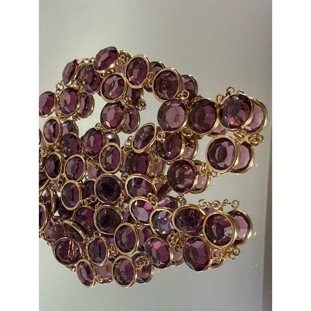 Vintage Austrian Crystal Bezel Necklace Gold Tone Purple 40" Faceted Estate